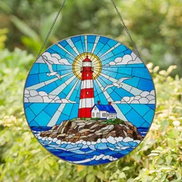 Stained Glass Lighthouse Rocky Island - Ocean Waves, Sunburst Sky, Keeper's Cottage Stained Glass Suncatcher