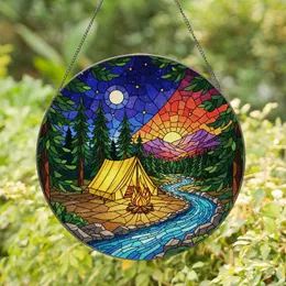 Camping Campfire Tent River Mountains Sunset Moon Tiffany Glass Day-Night Sky Art Stained Glass Suncatcher