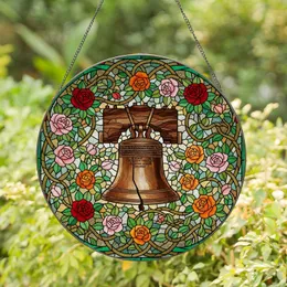 Liberty Bell Stained Glass Rose Vine Mosaic - Tiffany Style Patriotic Decor Stained Glass Suncatcher