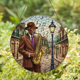 African American Jazz Musician Saxophone - Tiffany Style Old World City Street Stained Glass Stained Glass Suncatcher