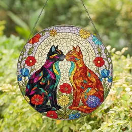 Mosaic Cats Nose-to-Nose Blooming Flowers - Tiffany Style Jewel Tones Crackled Background Gift Stained Glass Suncatcher