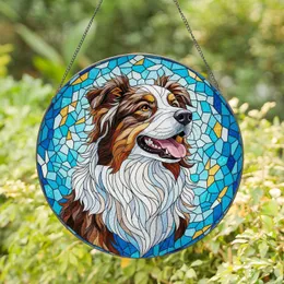 Happy Tri-Color Australian Shepherd Dog Stained Glass Art - Tiffany Style Mosaic Window Gift Stained Glass Suncatcher