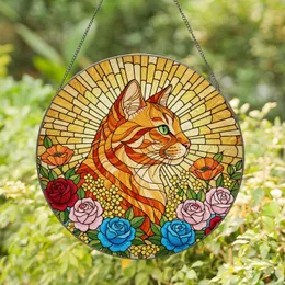 Orange Tabby Cat Tiffany Stained Glass Flowers Sunburst Art - Jewel Tone Cat Lover Gift Stained Glass Suncatcher