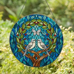 Tiffany Style Glass Two Birds Butterfly Tree Branch Leaves Berries Water Mosaic Art Stained Glass Suncatcher