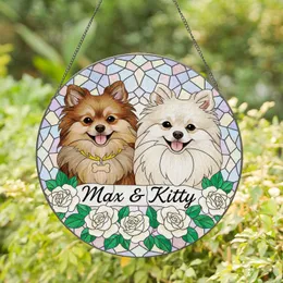 Pomeranian Dogs Stained Glass Art, White Roses, 'Max & Kitty' Cursive - Pet Owner Gift Stained Glass Suncatcher