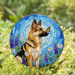 German Shepherd Dog Monarch Butterfly Wildflower Stained Glass Tiffany Jewel Tone Art Stained Glass Suncatcher