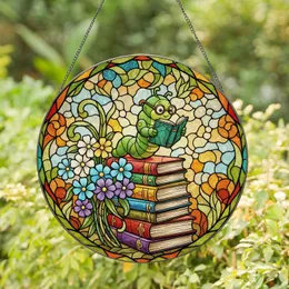 Green Worm Reading Books on Stack - Tiffany Stained Glass Flowers - Book Lover Student Gift Stained Glass Suncatcher