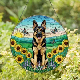 German Shepherd Dog Stained Glass Sunflowers Lavender Flowers Butterflies Hills Sky Stained Glass Suncatcher