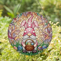 Easter Gnome Pink Hat Bunny Ears Stained Glass - Colorful Easter Eggs Spring Garden Decor Gift Stained Glass Suncatcher