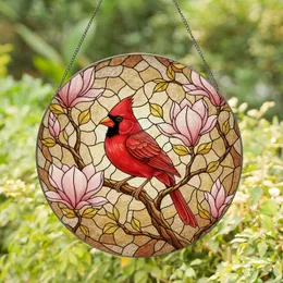 Red Cardinal Bird Stained Glass Art - Magnolia Branch Tiffany Style Home Decor Stained Glass Suncatcher