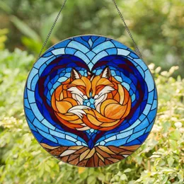 Two Red Foxes Snuggled Heart Stained Glass - Tiffany Mosaic Orange Creamy Blue Maroon Stained Glass Suncatcher