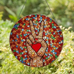 Intricate Stained Glass Peace Sign Hand with Red Heart Mosaic Tiffany Glass Art Stained Glass Suncatcher