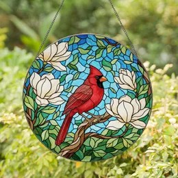 Red Cardinal Magnolia Stained Glass Tiffany Style Art - Nature Inspired Home Decor Gift Stained Glass Suncatcher