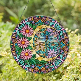 Golden Crescent Moon Dragonfly Daisy Celestial Garden - Tiffany Glass Style Art Stained Glass Suncatcher
