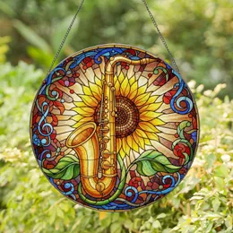 Tiffany Glass Saxophone Sunflower Art - Musical Notes Floral Mosaic Jewel Tone Design Stained Glass Suncatcher