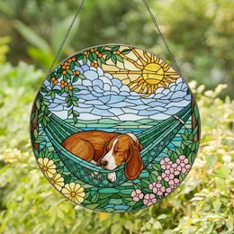 Tiffany Style Sleeping Dog Hammock Stained Glass - Beagle Basset Hound Sun & Flowers Stained Glass Suncatcher