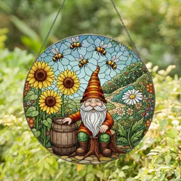 Jovial Garden Gnome Sunflowers Bumblebees Tiffany Glass Garden Mosaic Scene Art Stained Glass Suncatcher