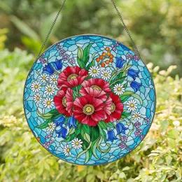 Red Pink Poppy Daisy Blue Bell Flowers Tiffany Style Stained Glass Art - Colorful Nature Gift Stained Glass Suncatcher