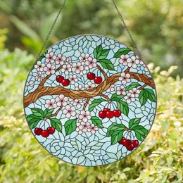 Glowing Tiffany Style Cherry Tree Branch Pink Blossoms Red Cherries Stained Glass Mosaic Stained Glass Suncatcher
