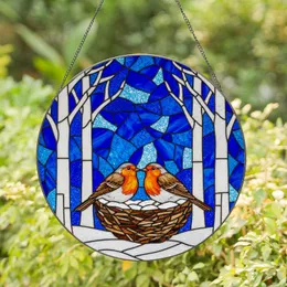 Robins Winter Nest Stained Glass Art - Tiffany Style Jewel Tones Winter Snow Bird Scene Stained Glass Suncatcher