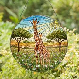 Adult Juvenile Giraffe Savanna Wildflower Landscape Tiffany Style Glass Jewel Tone Decor Stained Glass Suncatcher