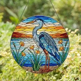 Great Blue Heron Colorful Stained Glass - Tiffany Style Reeds Blossoms Water Landscape Stained Glass Suncatcher