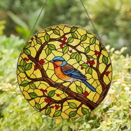 Vibrant Small Bird Tiffany Stained Glass Mosaic Art – Jewel Tones, Branch & Leaves Stained Glass Suncatcher