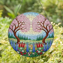 Stained Glass Cherry Blossom Trees Wildflowers Mountain Landscape Tiffany Style Jewel Tones Stained Glass Suncatcher