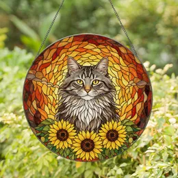 Fluffy Tabby Cat Sunflowers Stained Glass Art - Tiffany Style Mosaic Cat Lover Gift Stained Glass Suncatcher