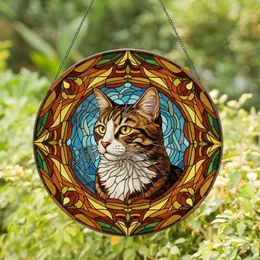 Majestic Tabby Cat Yellow Eyes Tiffany Stained Glass Style Blue Amber Gold Art Stained Glass Suncatcher