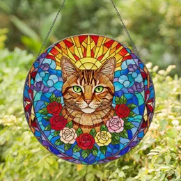 Tabby Cat Stained Glass Roses - Tiffany Style Abstract Geometric Jewel Tone Art Stained Glass Suncatcher