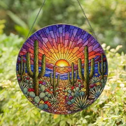 Desert Sunset Saguaro Cactus Stained Glass Tiffany Art - Jewel Tone Southwest Landscape Stained Glass Suncatcher