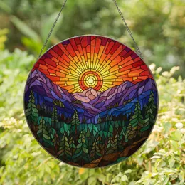 Glowing Sun Mountain Landscape Tiffany Stained Glass Style Art - Sunset Forest Scenic Decor Stained Glass Suncatcher