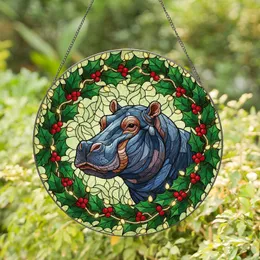 Hippo Stained Glass Holly Wreath Fairy Lights - Festive Christmas Holiday Gift for Hippo Lovers Stained Glass Suncatcher