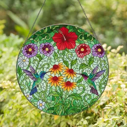 Two Hummingbirds Coneflowers Hibiscus Stained Glass - Garden Decor Gift for Bird Lovers Stained Glass Suncatcher