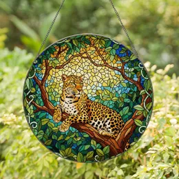 Majestic Spotted Leopard Tiffany Glass Jungle Canopy Jewel Tone Wildlife Art Stained Glass Suncatcher
