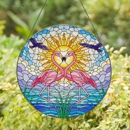 Pink Flamingos Intertwined Heart Tiffany Stained Glass Sun Water Reeds Jewel Tones Stained Glass Suncatcher