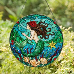 Mermaid Stained Glass Tiffany Style Deep Green Tail Red Floral Hair Seashells Aquatic Stained Glass Suncatcher