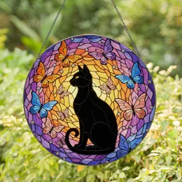 Black Cat Tiffany Stained Glass Butterflies Jewel Tones - Radiant Sunset Art for Cat Lovers Stained Glass Suncatcher