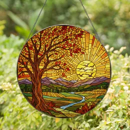 Tiffany Style Autumn Tree Radiant Sun Landscape Birds Hills Fields Rustic Path Art Stained Glass Suncatcher