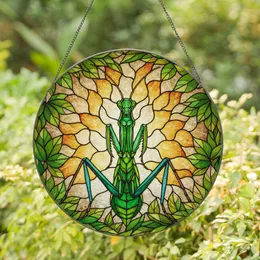 Majestic Praying Mantis Stained Glass Tiffany Style Jewel Tone Green Leaves Mosaic Art Stained Glass Suncatcher