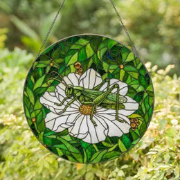 Grasshopper White Flower Stained Glass Art - Green Foliage Tiffany Style Jewel Tones Stained Glass Suncatcher