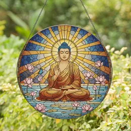Buddha Figure Lotus Flowers Stained Glass - Tiffany Style Meditation Zen Decor Gift Stained Glass Suncatcher
