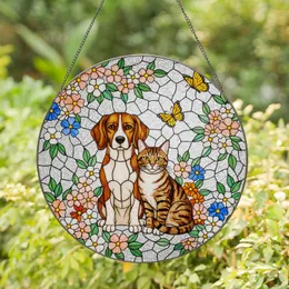 Friendly Beagle Dog Tabby Cat Stained Glass Flowers Butterflies Mosaic Art Translucent Jewel Tones Stained Glass Suncatcher