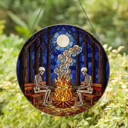 Skeletons Roasting Marshmallows Campfire - Nocturnal Forest Moon Stars Tiffany Glass Stained Glass Suncatcher