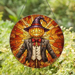 Scarecrow Jack-O'-Lantern Witch Hat Autumn Leaves Pumpkin - Fall Harvest Halloween Decor Stained Glass Suncatcher