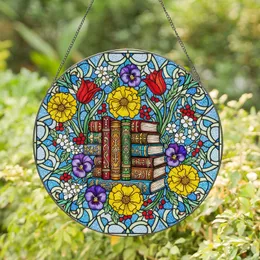 Stacked Old Books Stained Glass with Marigolds Tulips Pansies & Mosaic Patterns Gift for Readers Stained Glass Suncatcher