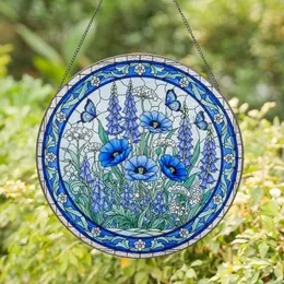 Stained Glass Blue Flower Garden Butterflies - Luminous Textured Glass Art Decor Stained Glass Suncatcher