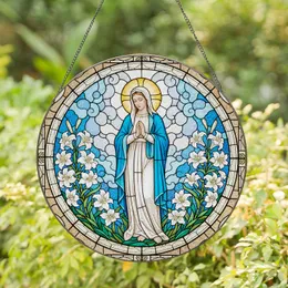 Virgin Mary Stained Glass, Lilies & Golden Halo - Celestial Sky Devotional Christian Gift Stained Glass Suncatcher