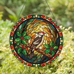 Red Cap Woodpecker Holly Berries Stained Glass - Tiffany Style Jewel Tone Art Mosaic Stained Glass Suncatcher